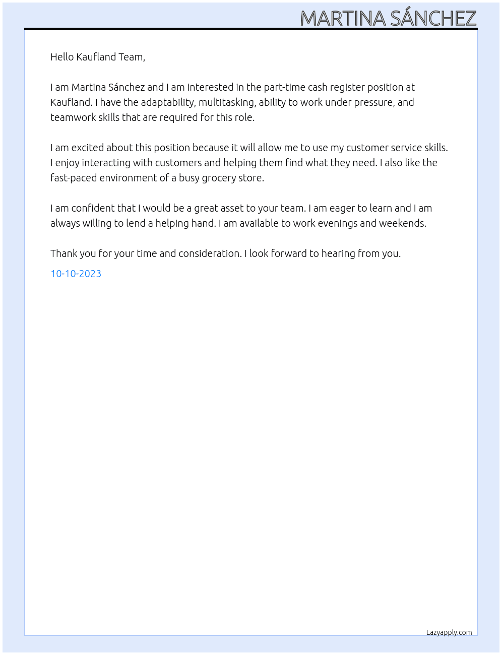 Cash register At Kaufland Cover Letter