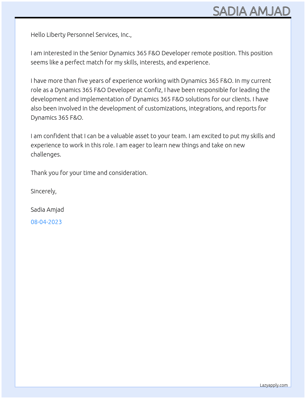Senior Dynamics 365 F&O Developer remote At Confiz Cover Letter