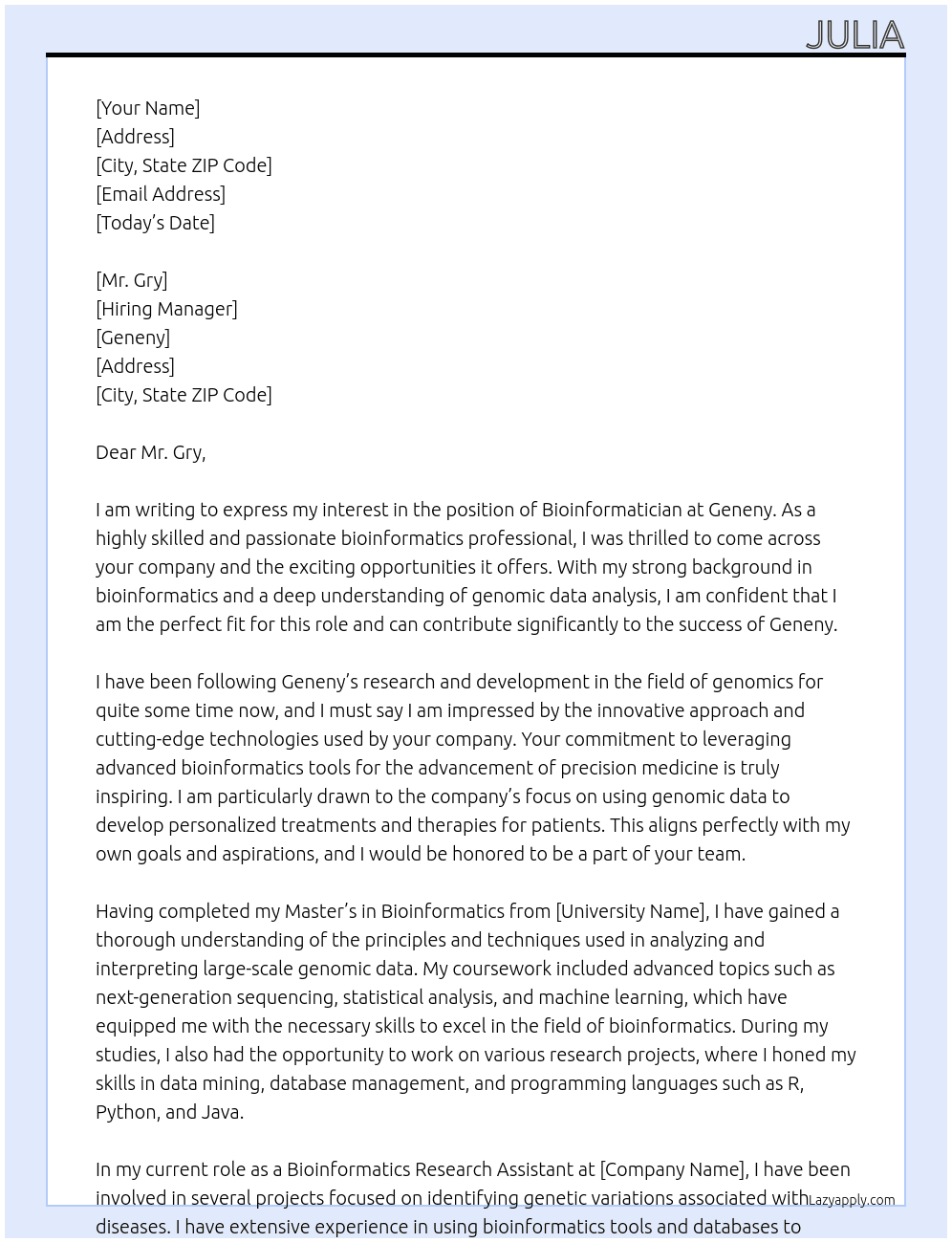 bioinformatician At geneny Cover Letter