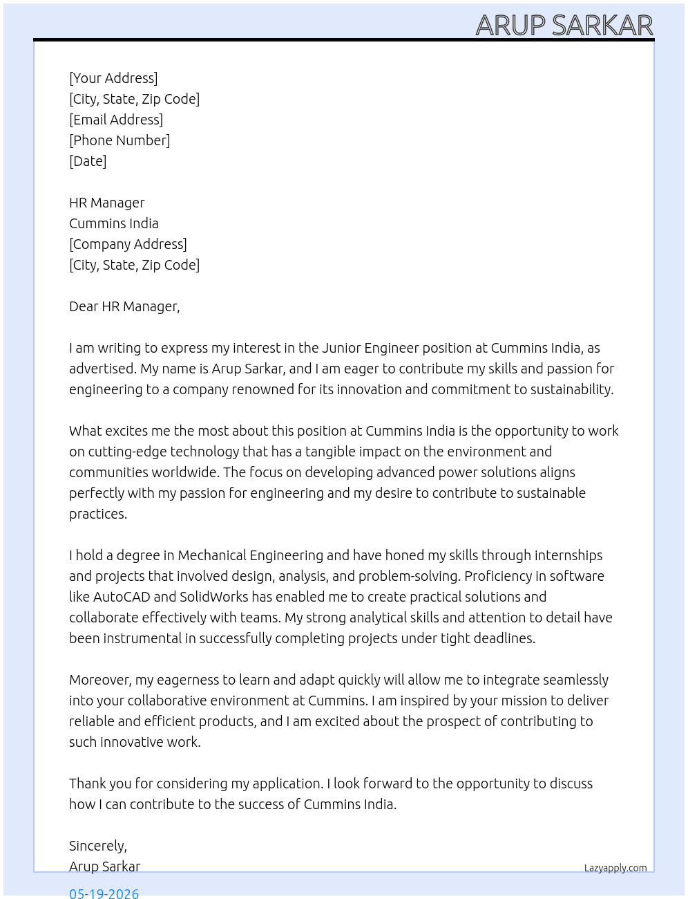 Junior Engineer At Cummins India Cover Letter