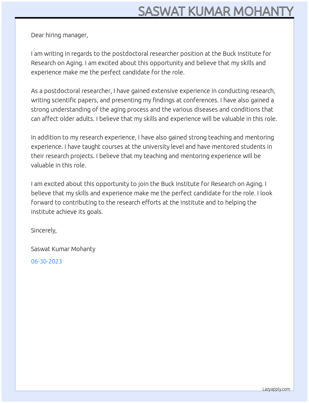 Postdoctoral Researcher At BUCK INSTITUTE FOR RESEARCH ON AGING Cover Letter