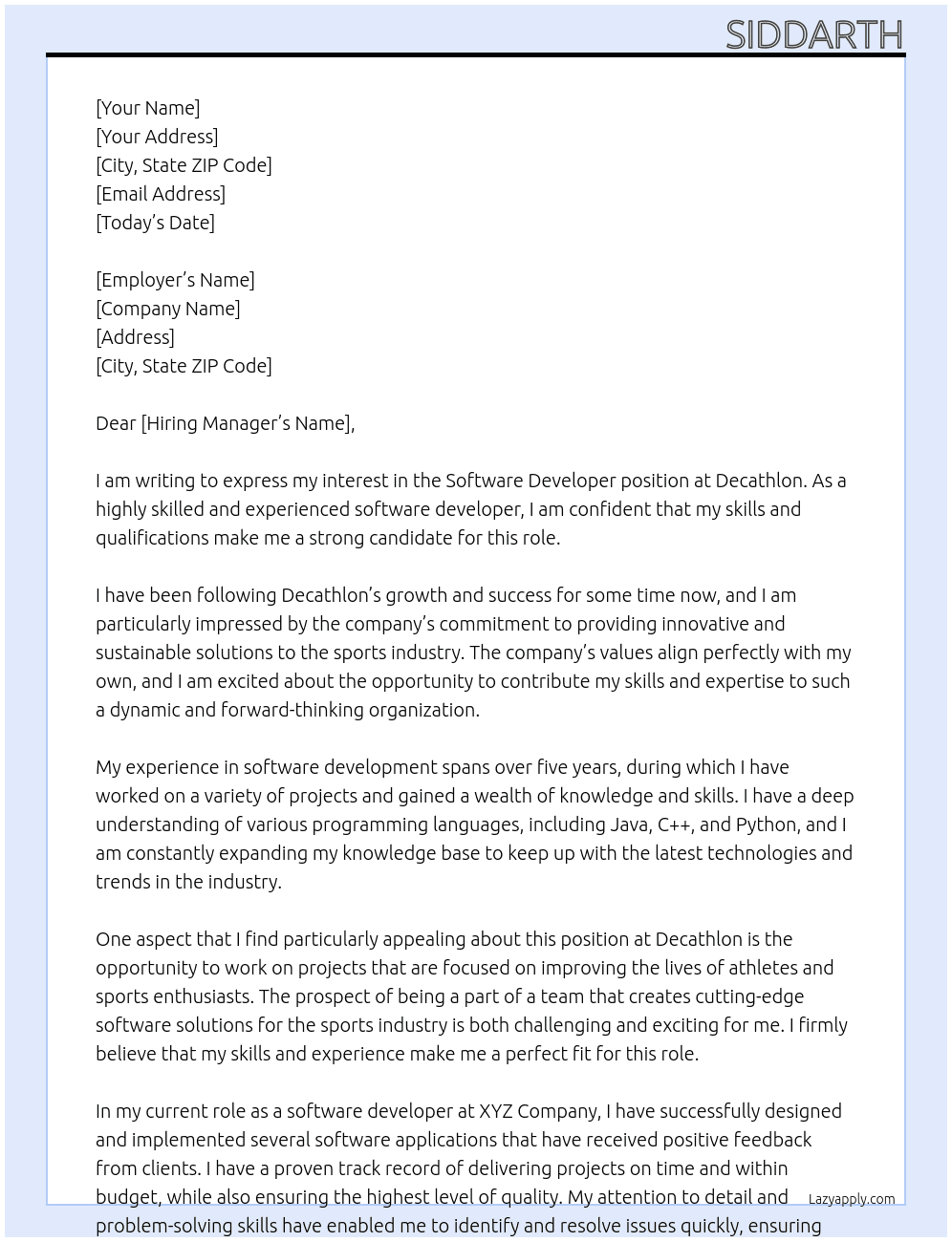 Software Developer At Decathlon Cover Letter
