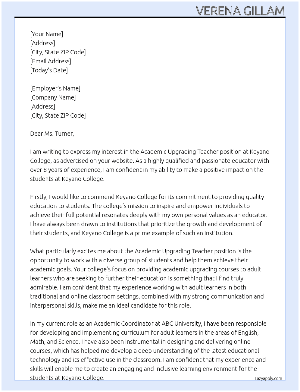 Academic Upgrading Teacher At Keyano College Cover Letter