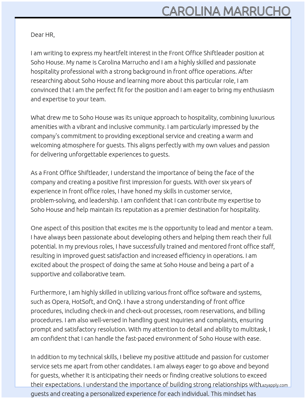 Front Office Shiftleader At Soho House Cover Letter