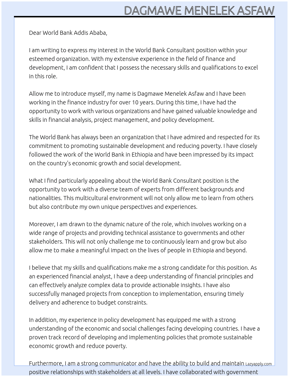 World bank consultant At World bank Addis Ababa Cover Letter