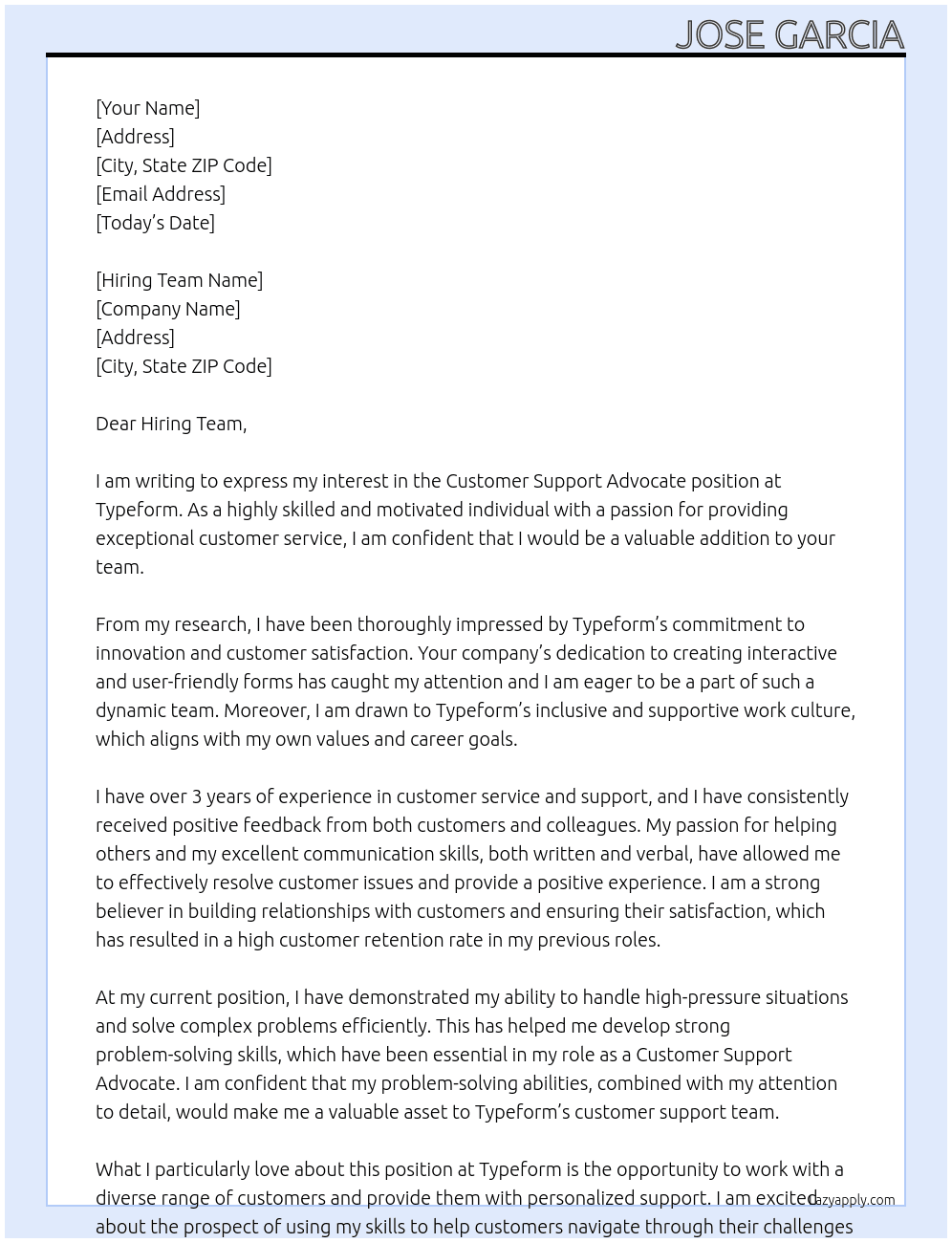 Customer Support Advocate At Typeform Cover Letter