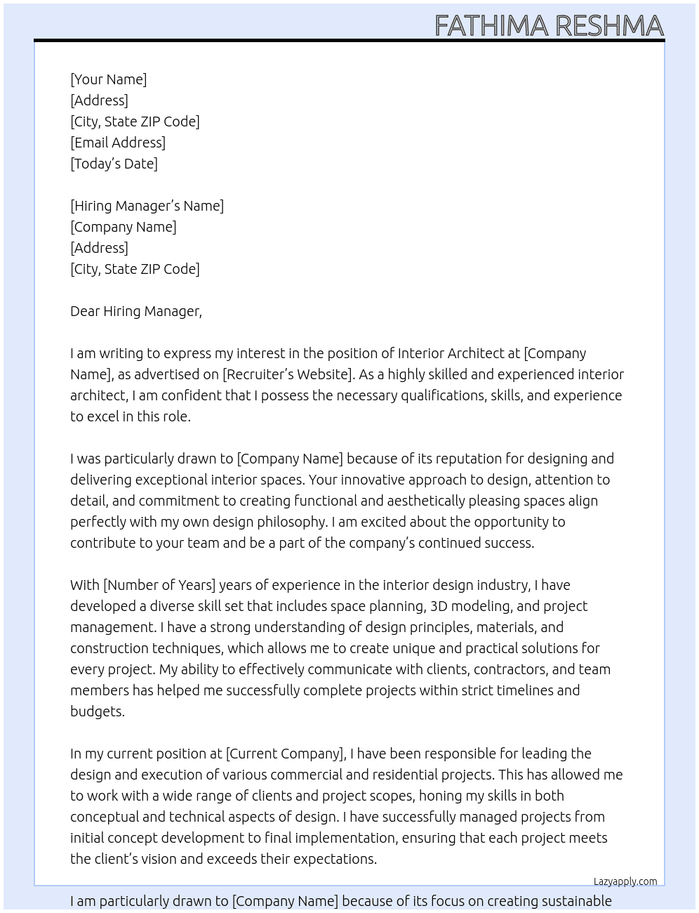 Interior Architect  At Recruiter Cover Letter