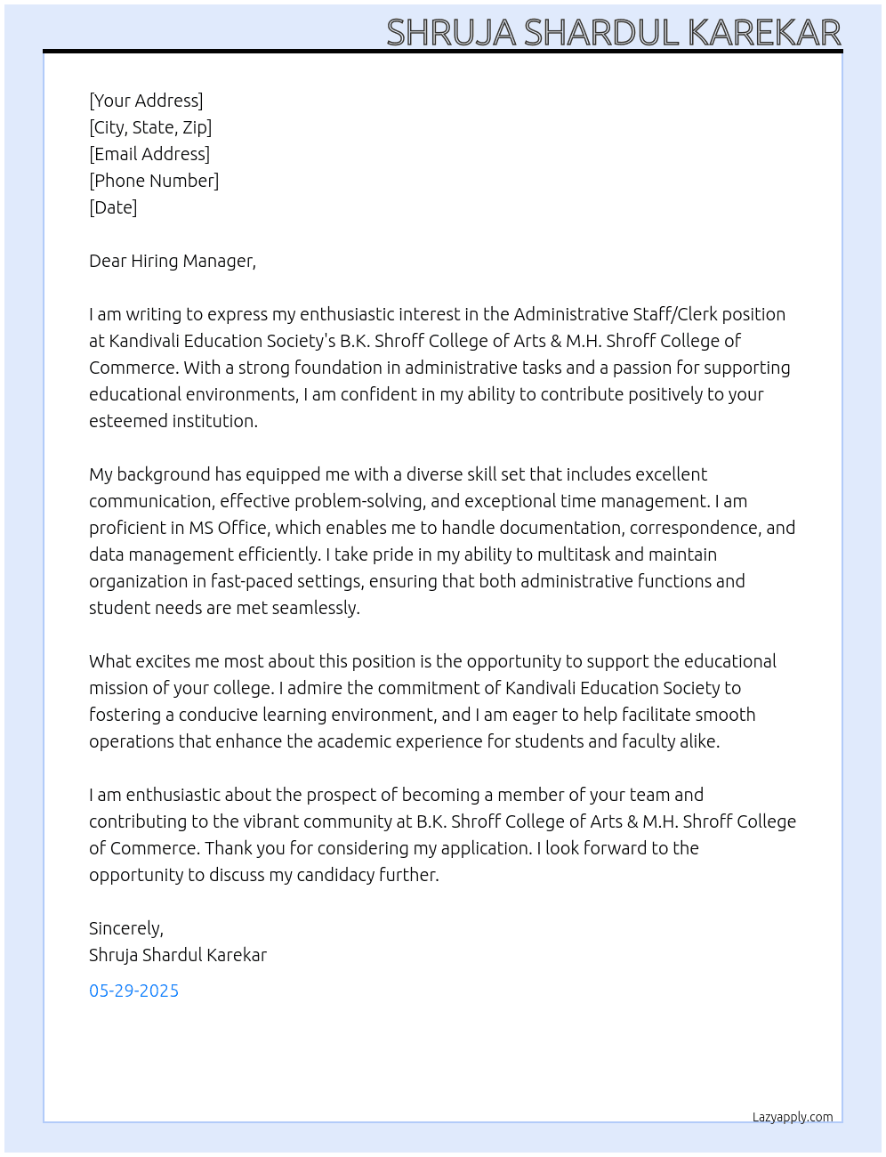 Cover letter for administrative staff/clerk - LazyApply