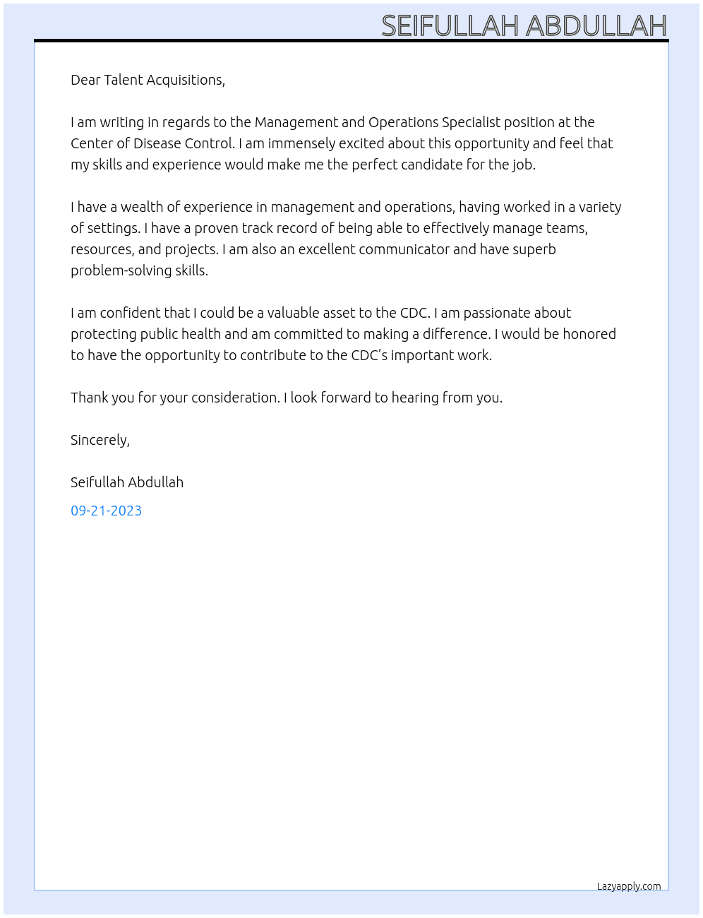 Management and Operations Specialist At Center of disease control Cover Letter