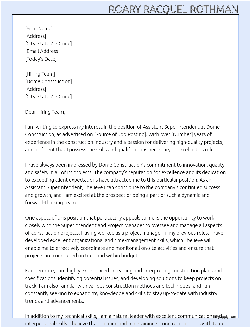 Assistant Superintendent At Dome Construction Cover Letter