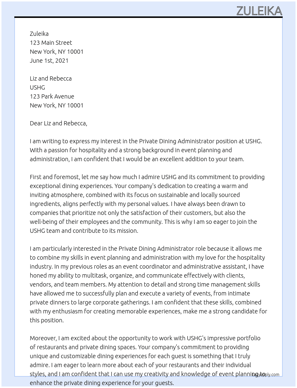 Private Dining Administrator At USHG Cover Letter