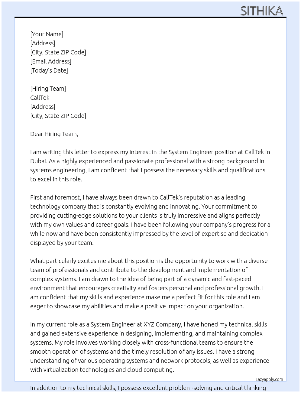 System Engineer  At CallTek Cover Letter
