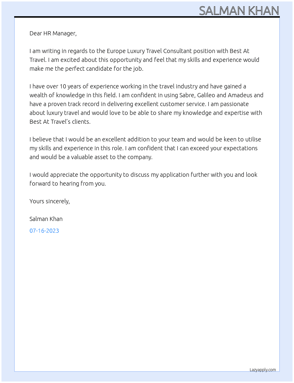 Europe Luxury Travel Consultant At Best At Travel Cover Letter