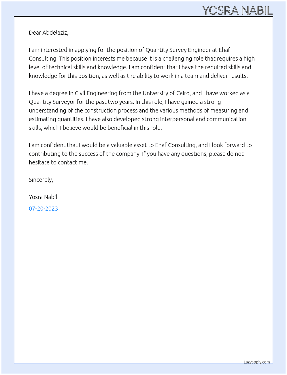 Quantity survey engineer At Ehaf consulting Cover Letter