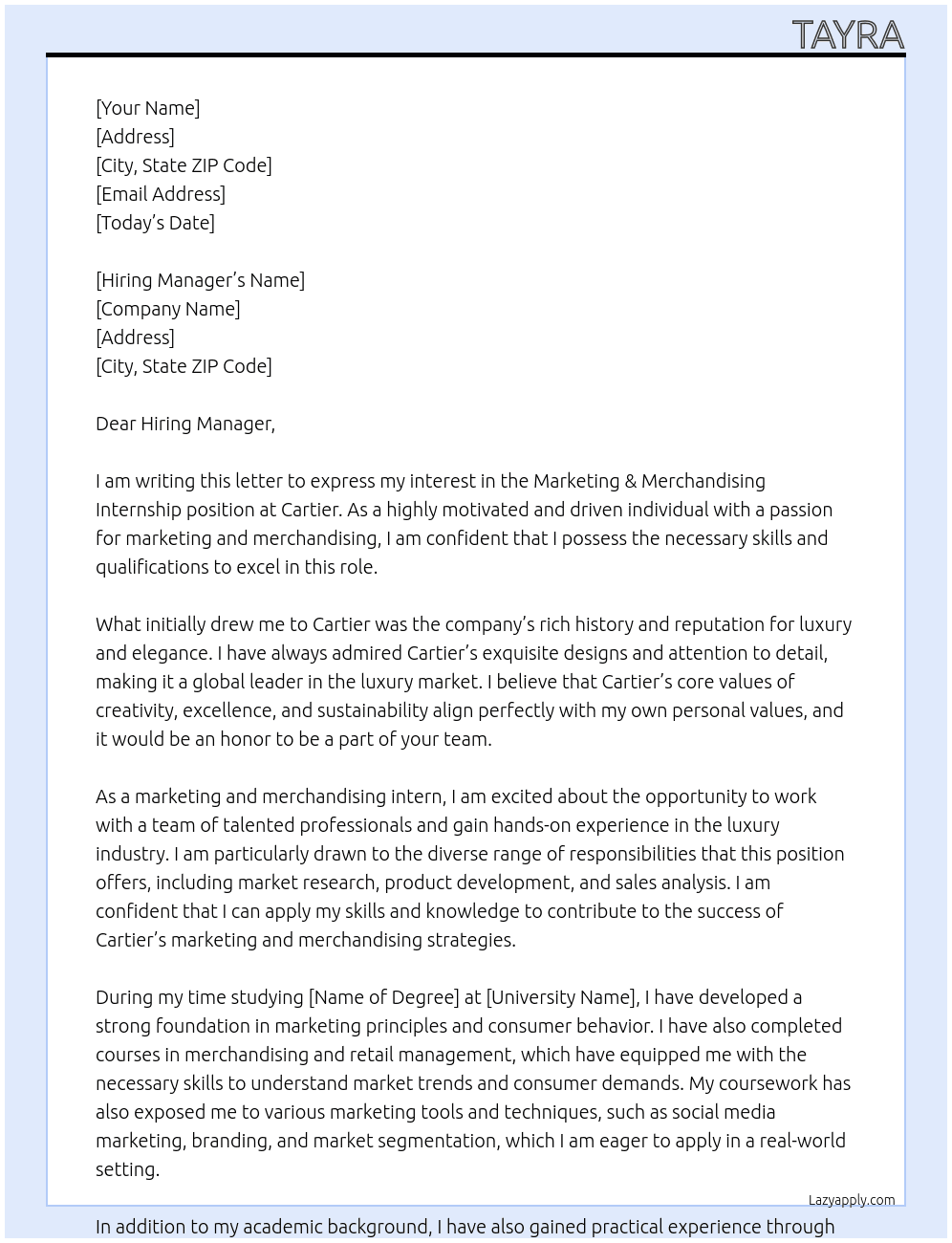 Marketing & Merchandising Internship At Cartier Cover Letter