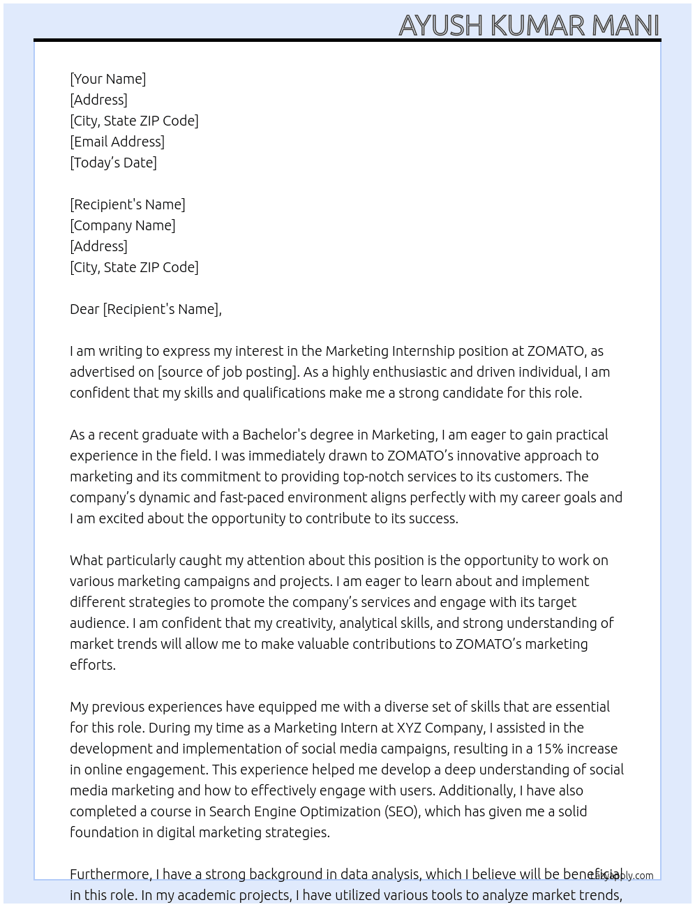 Marketing Internship At ZOMATO Cover Letter
