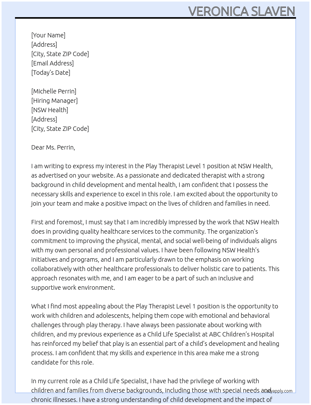 Play Therapist Level 1 At NSW Health Cover Letter