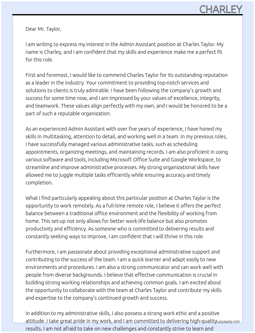 Admin assistant At Charles taylor Cover Letter