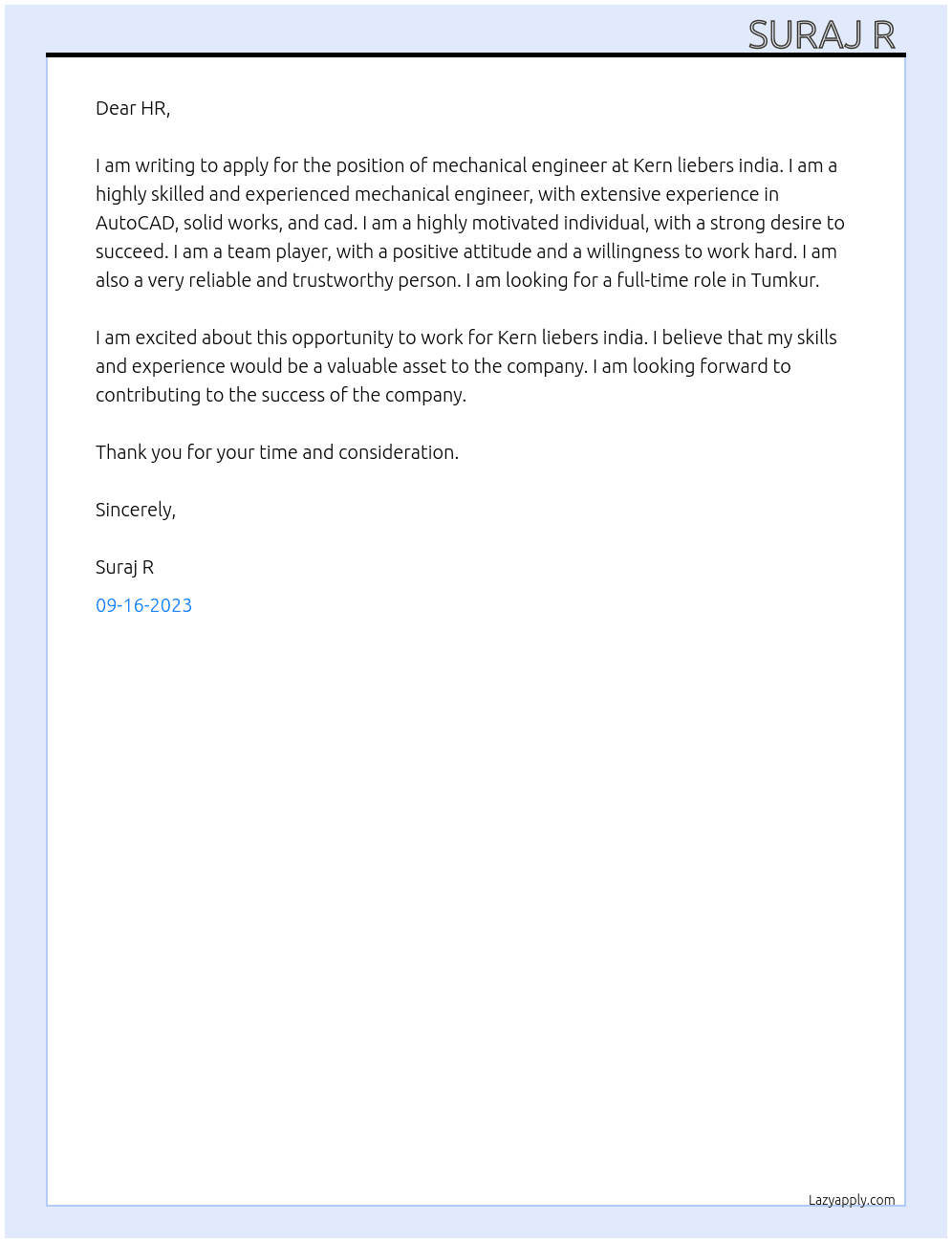 Mechanical engineer  At Kern liebers india Cover Letter