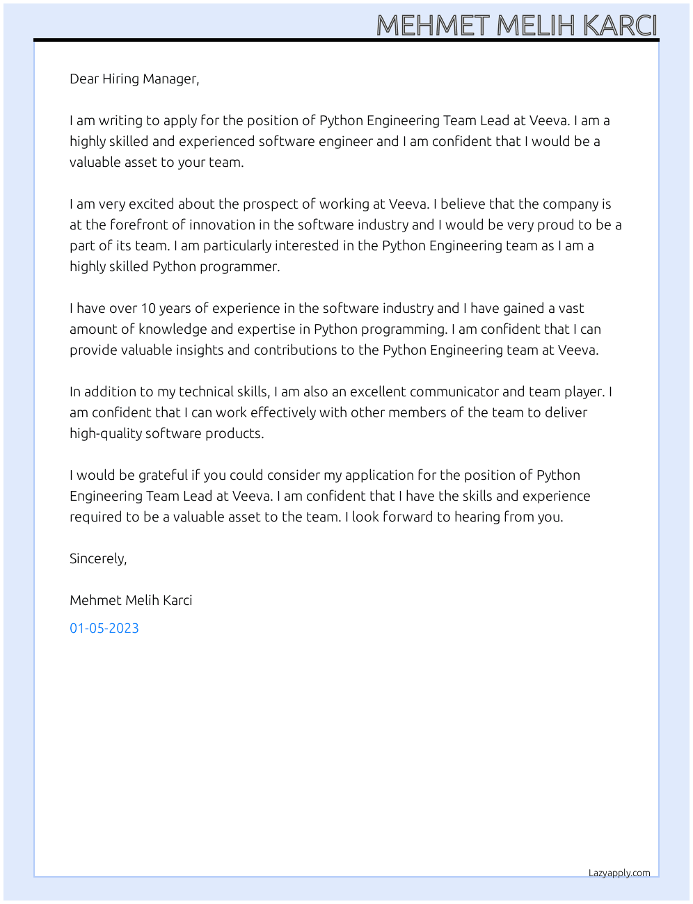 Python Engineering Team Lead At Veeva Cover Letter