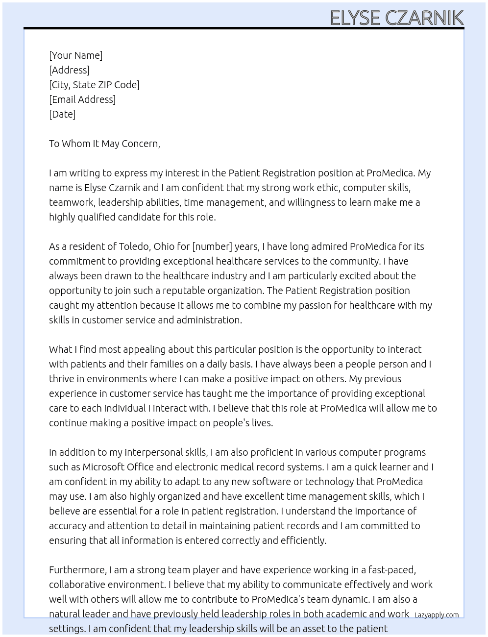 patient registration  At promedica  Cover Letter
