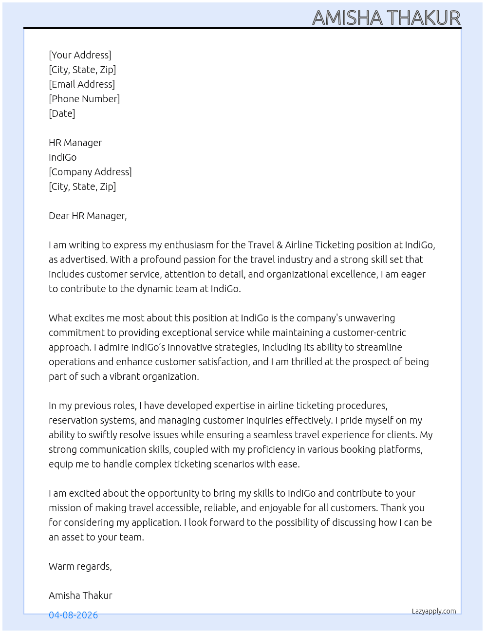 Cover letter for travel & airline ticketing - LazyApply