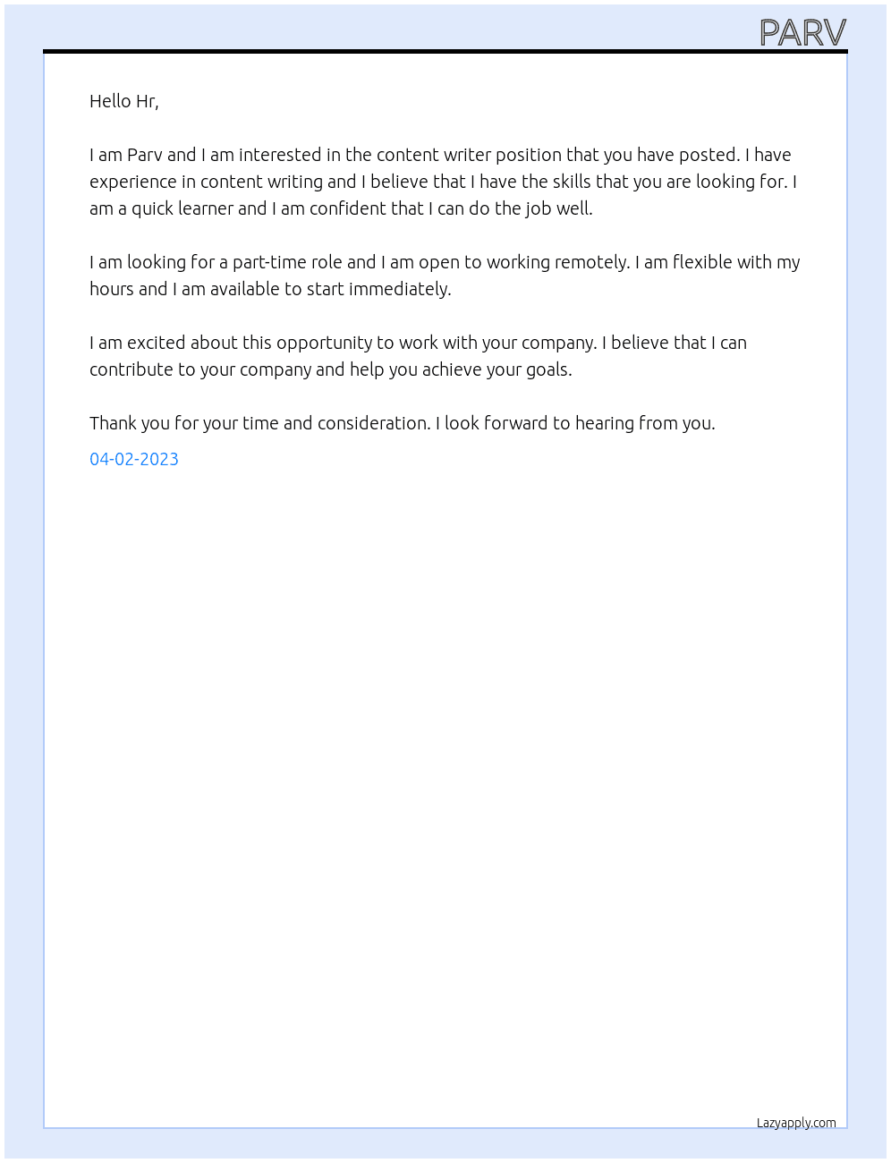 Content writer At Any Cover Letter