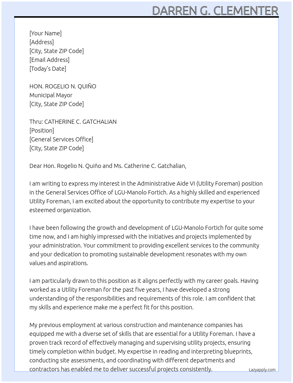ADMINISTRATIVE AIDE VI (UTILITY FOREMAN)  At General Services Office Cover Letter