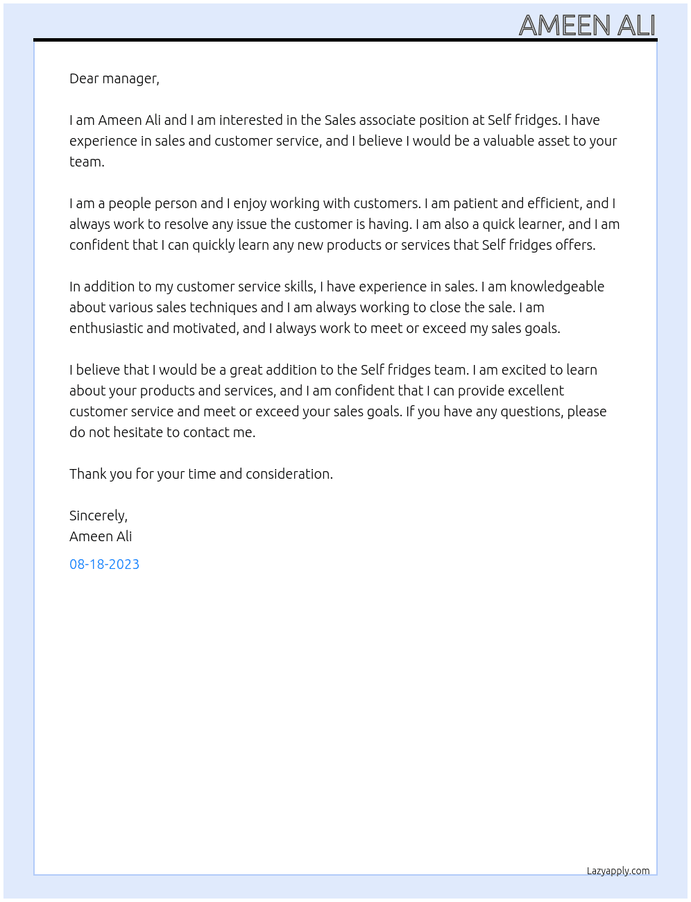 Sales associate At Self fridges Cover Letter