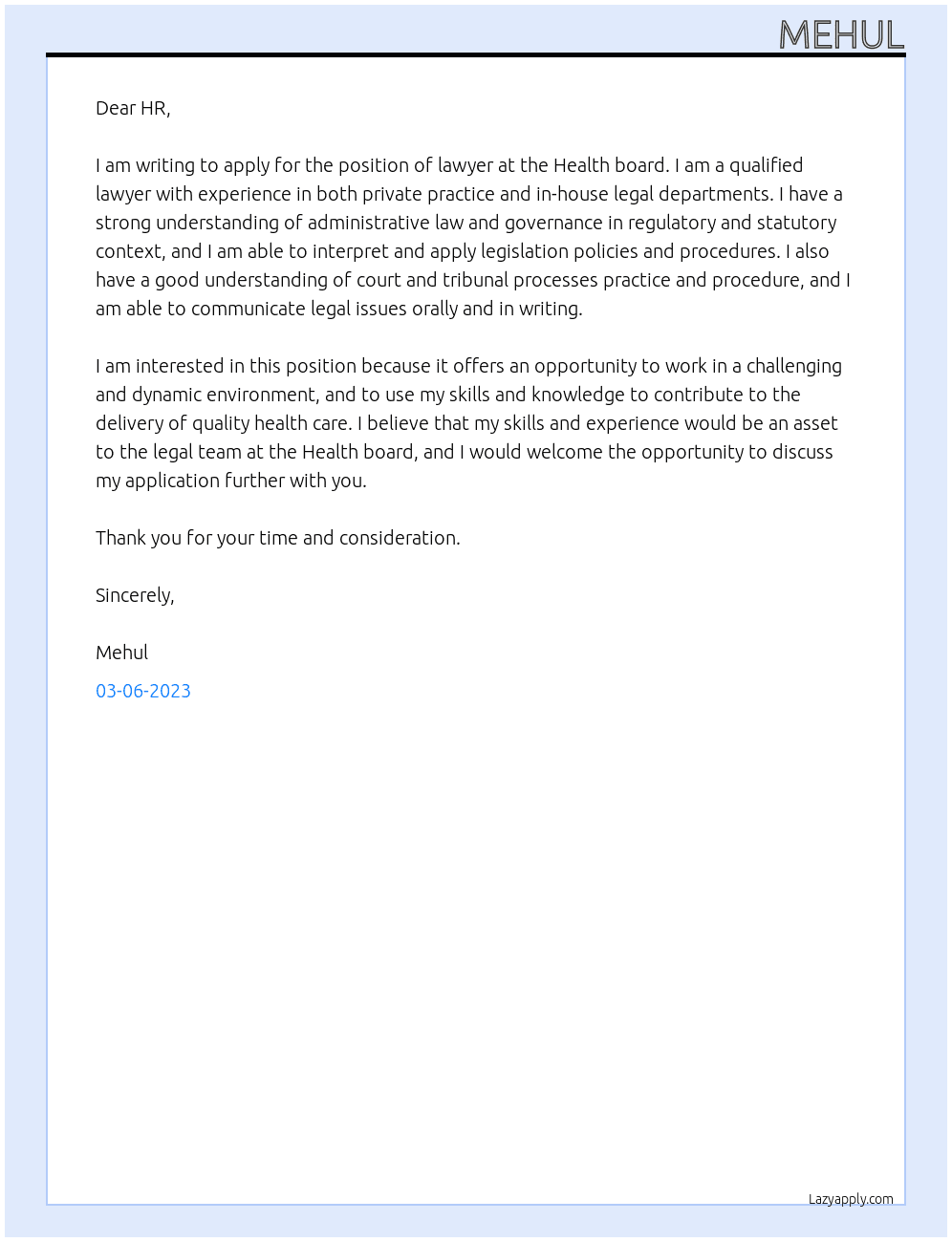 Lawyer At Health board  Cover Letter