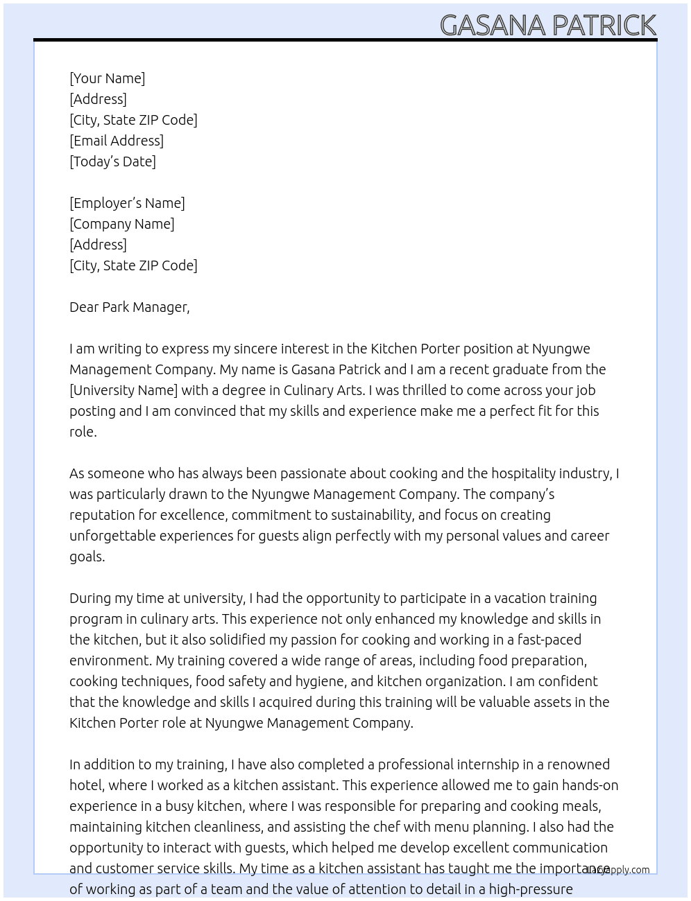 kichen porter At NYUNGWE MANAGMENT COMPANY Cover Letter