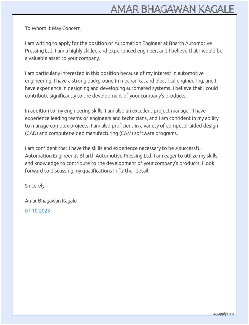 Automation engineering  At Bharth Automotive pressing Ltd  Cover Letter