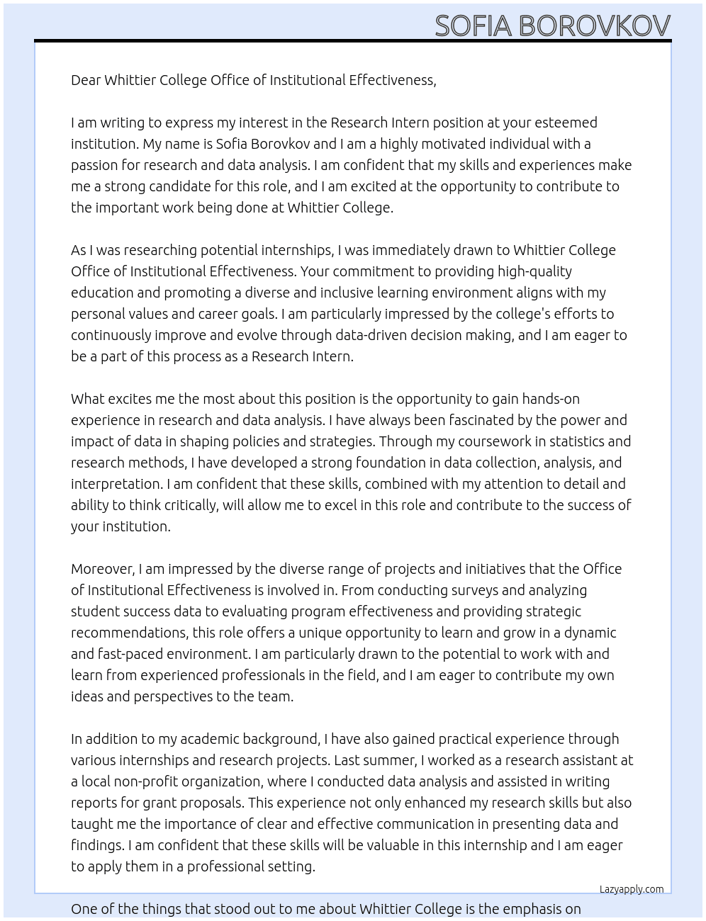 Research Intern At Whittier College Office of Institutional Effectivness  Cover Letter