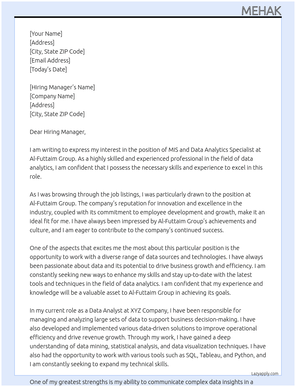 MIS and Data Analytics Specialist At Al-Futtaim Group Cover Letter