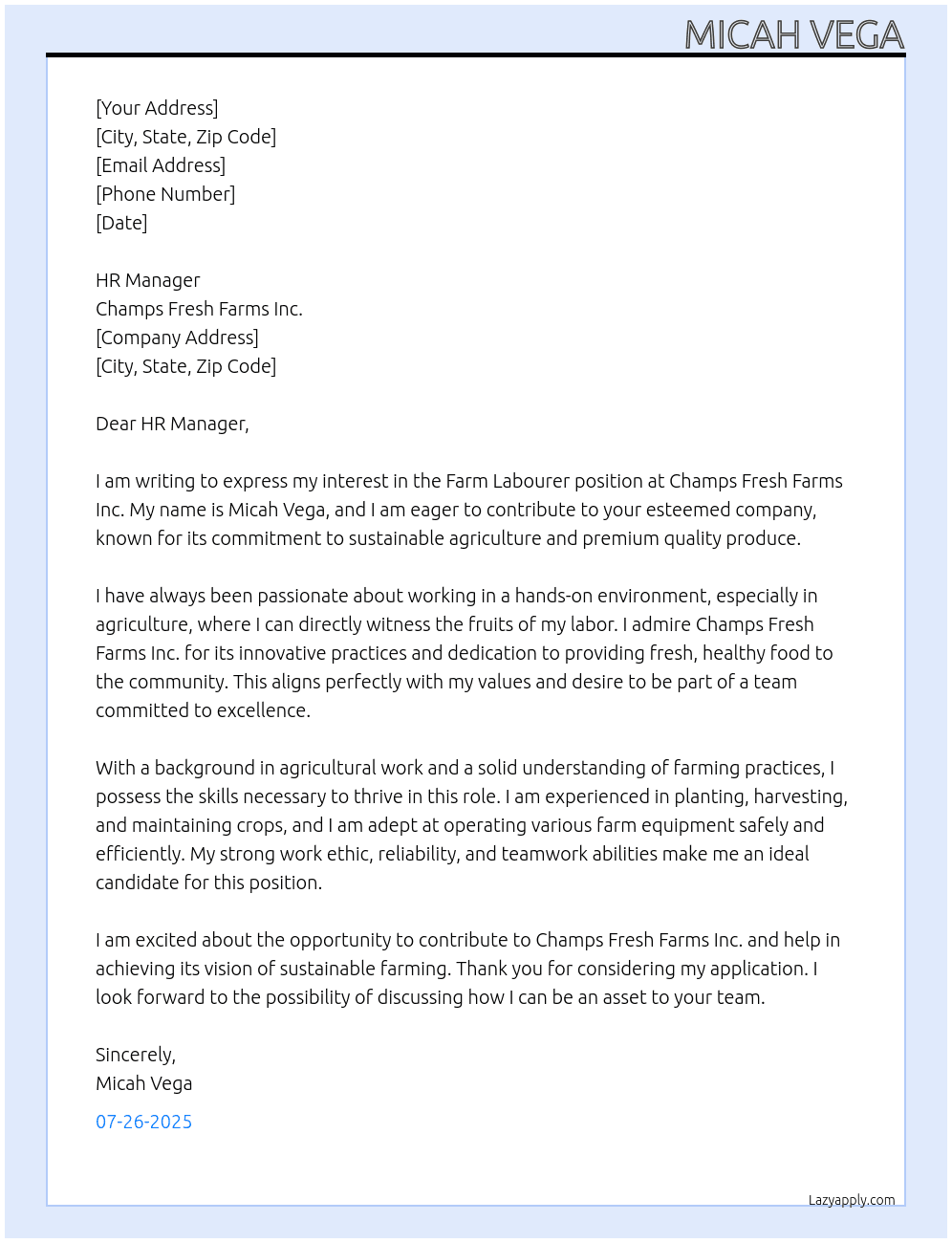 Farm labourer At Champs fresh farms inc. Cover Letter