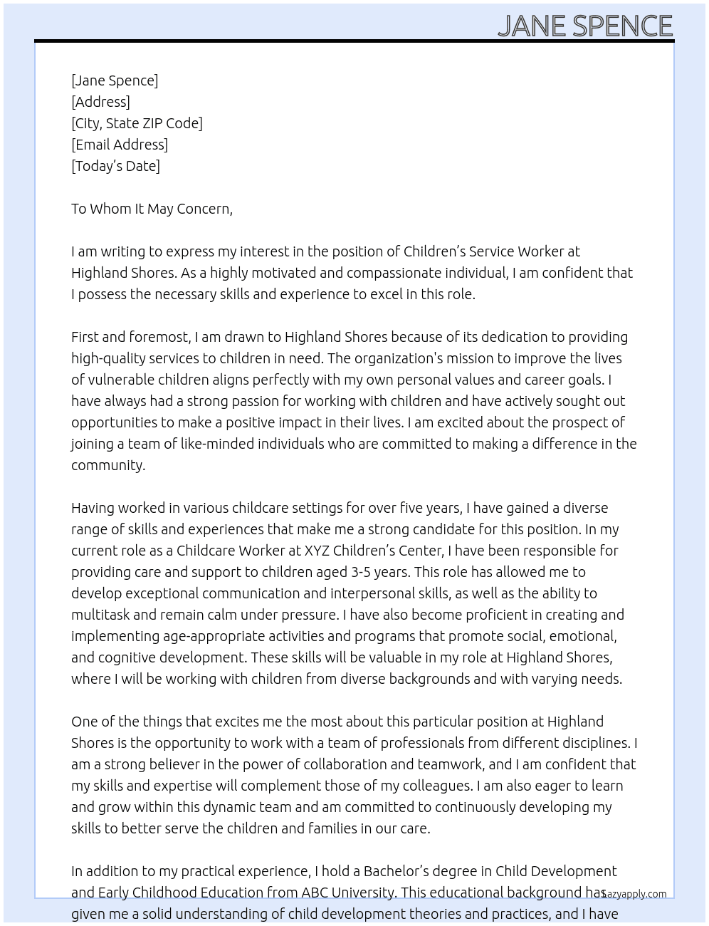 Children’s Service Worker At Highland Shores Cover Letter
