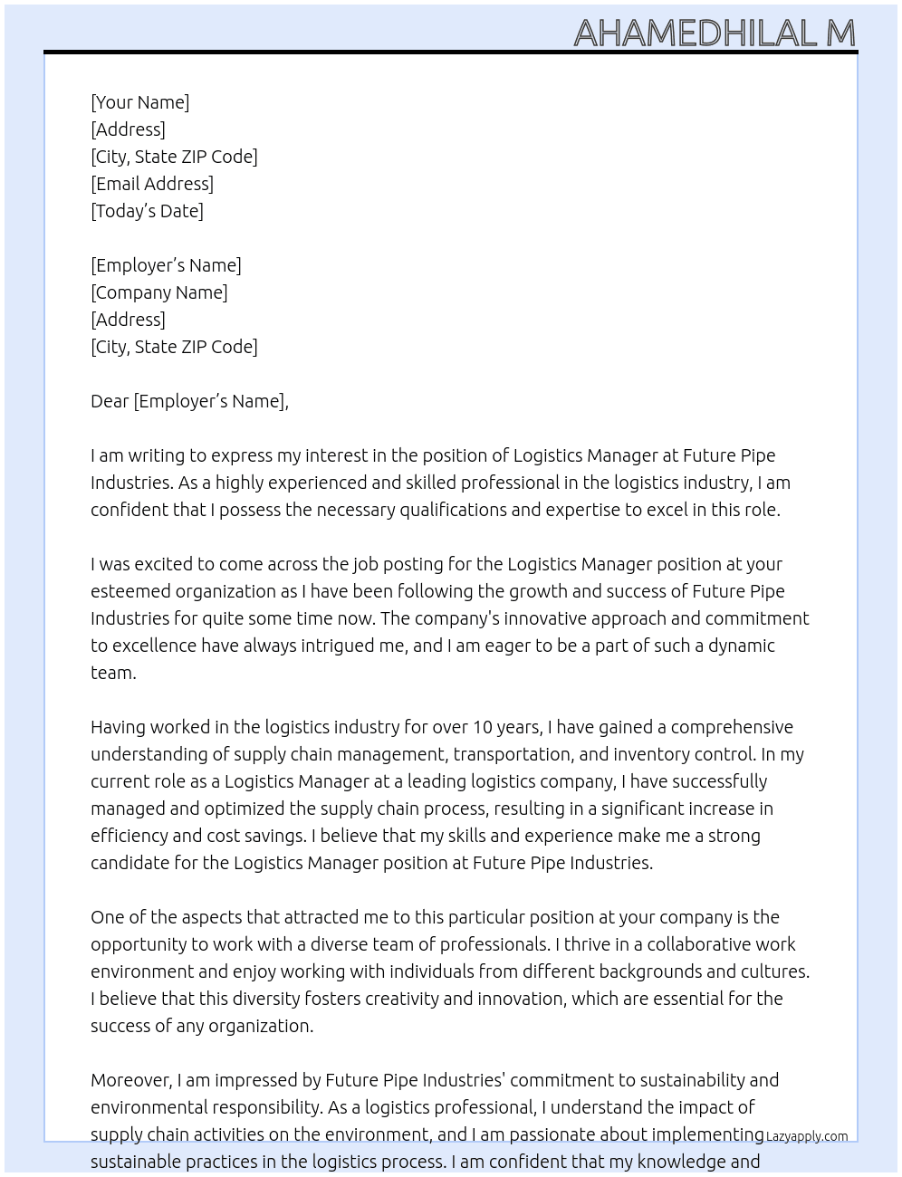 Logistics manager At Future pipe industries Cover Letter
