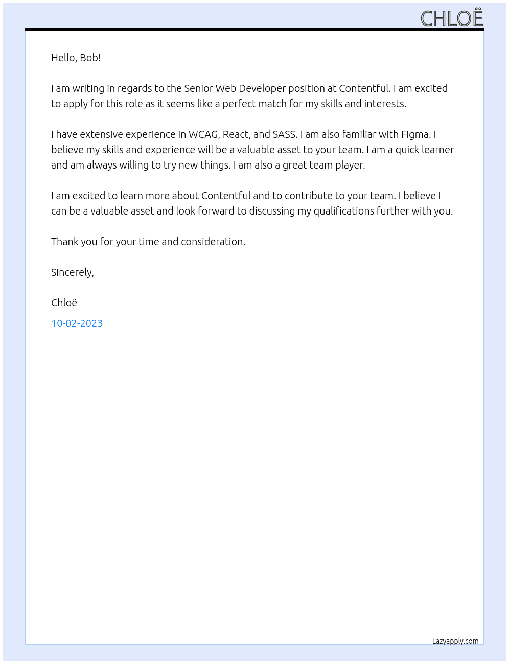 Senior Web Developer At Contentful Cover Letter