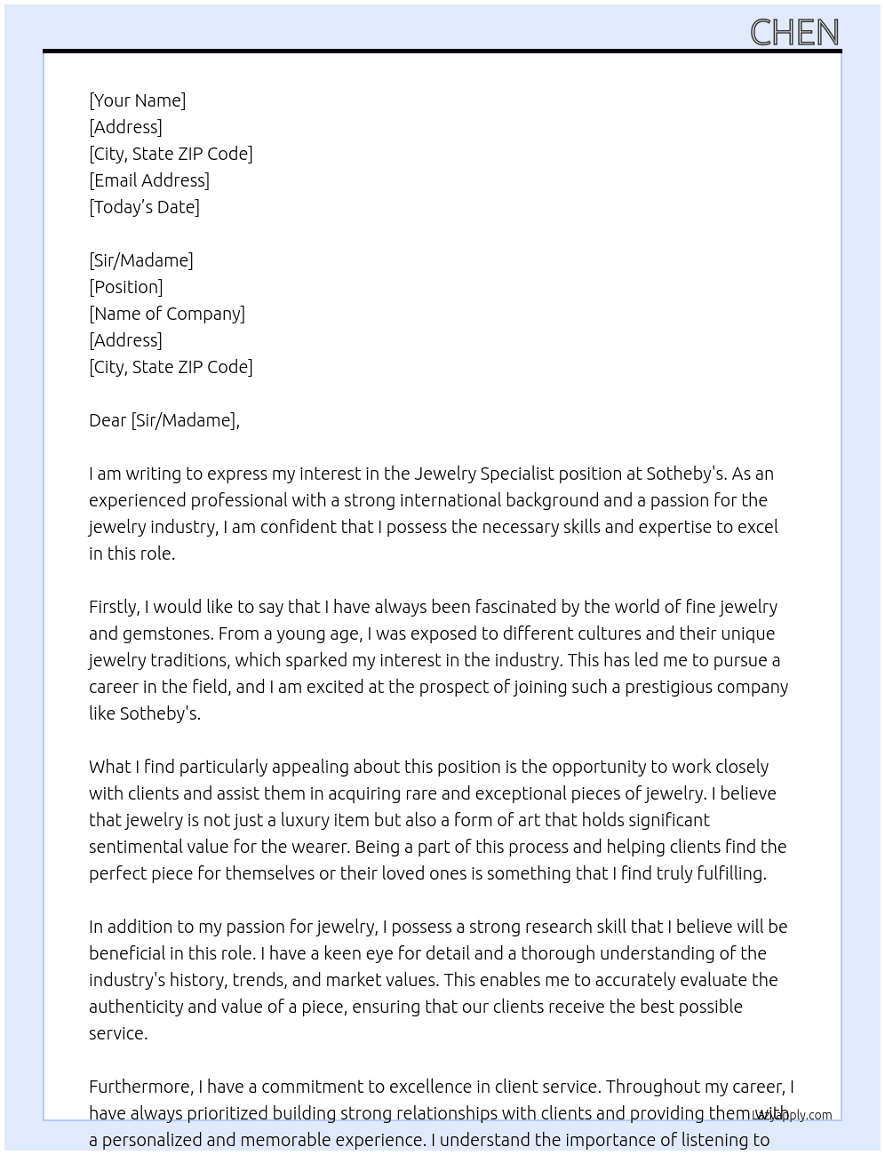 Jewelry specialist At Sotheby's Cover Letter