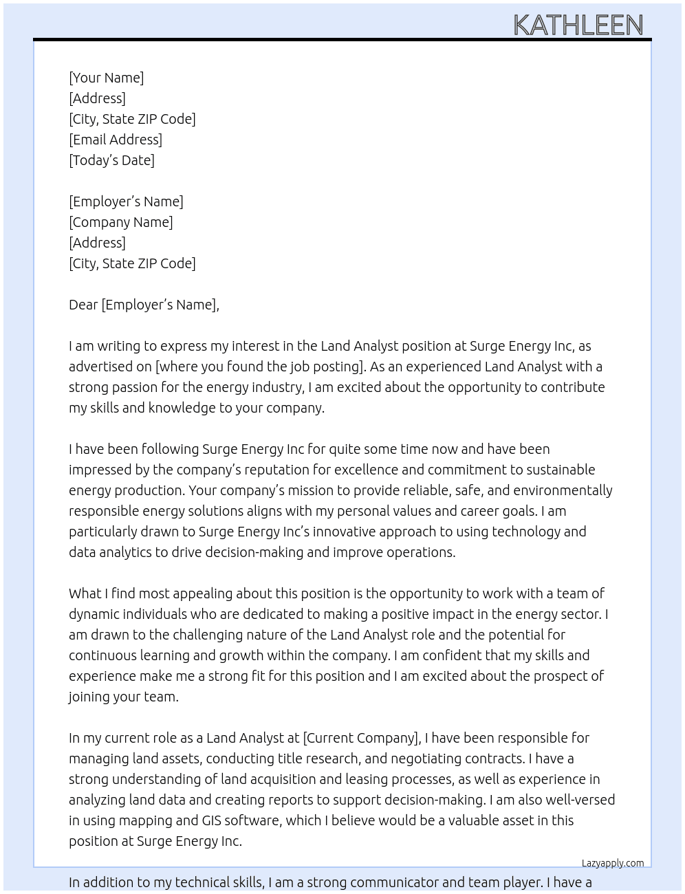 Cover letter for land analyst - LazyApply