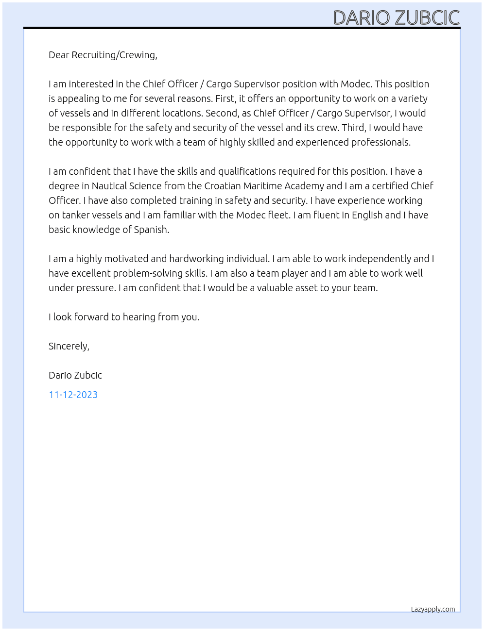 Chief Officer / Cargo Supervisor At Modec Cover Letter