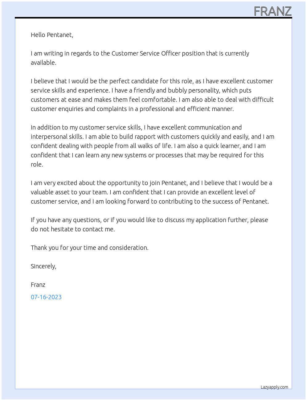 Customer Service Officer At Pentanet Cover Letter