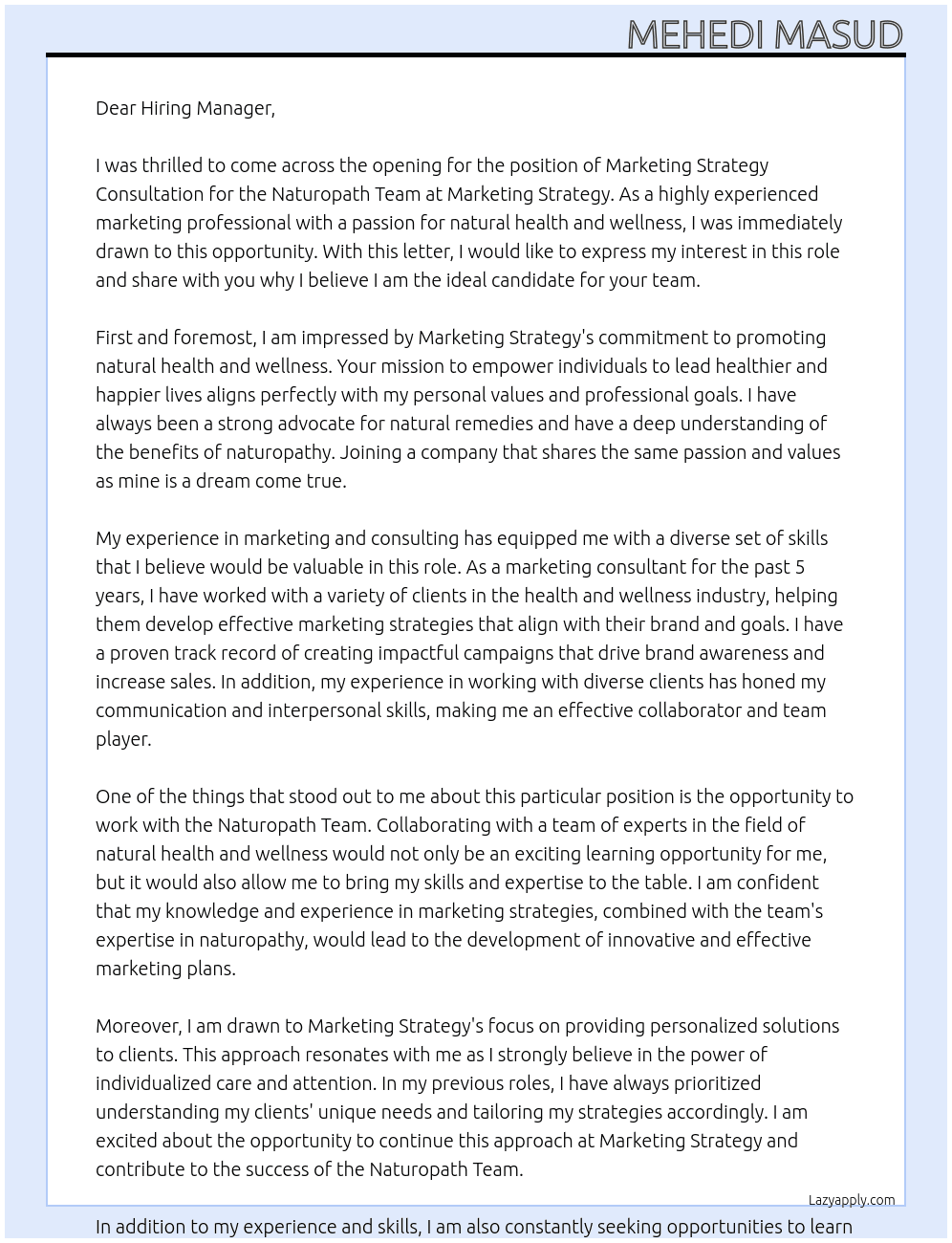 Marketing Strategy Consultation for Naturopath Team At Marketing startegy Cover Letter