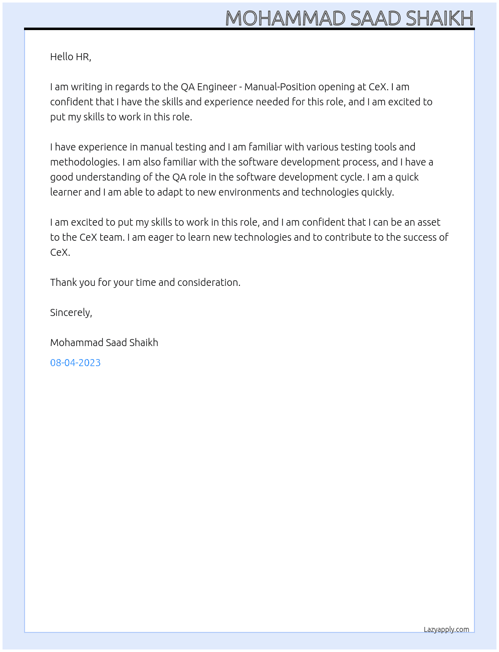  QA Engineer - Manual-Position At CeX Cover Letter