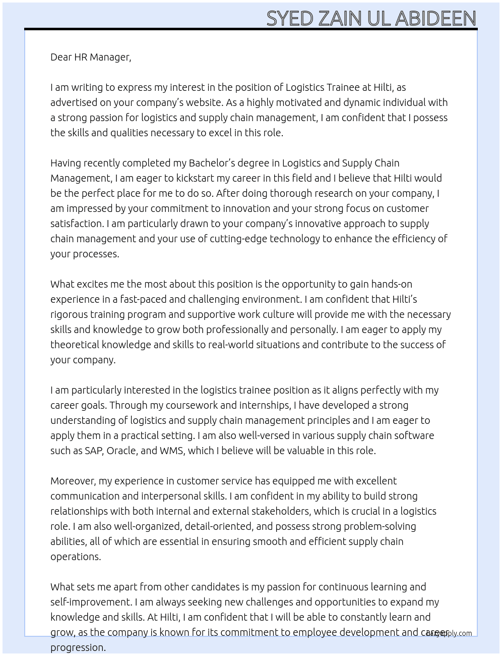 Logistics Trainee At Hilti Cover Letter