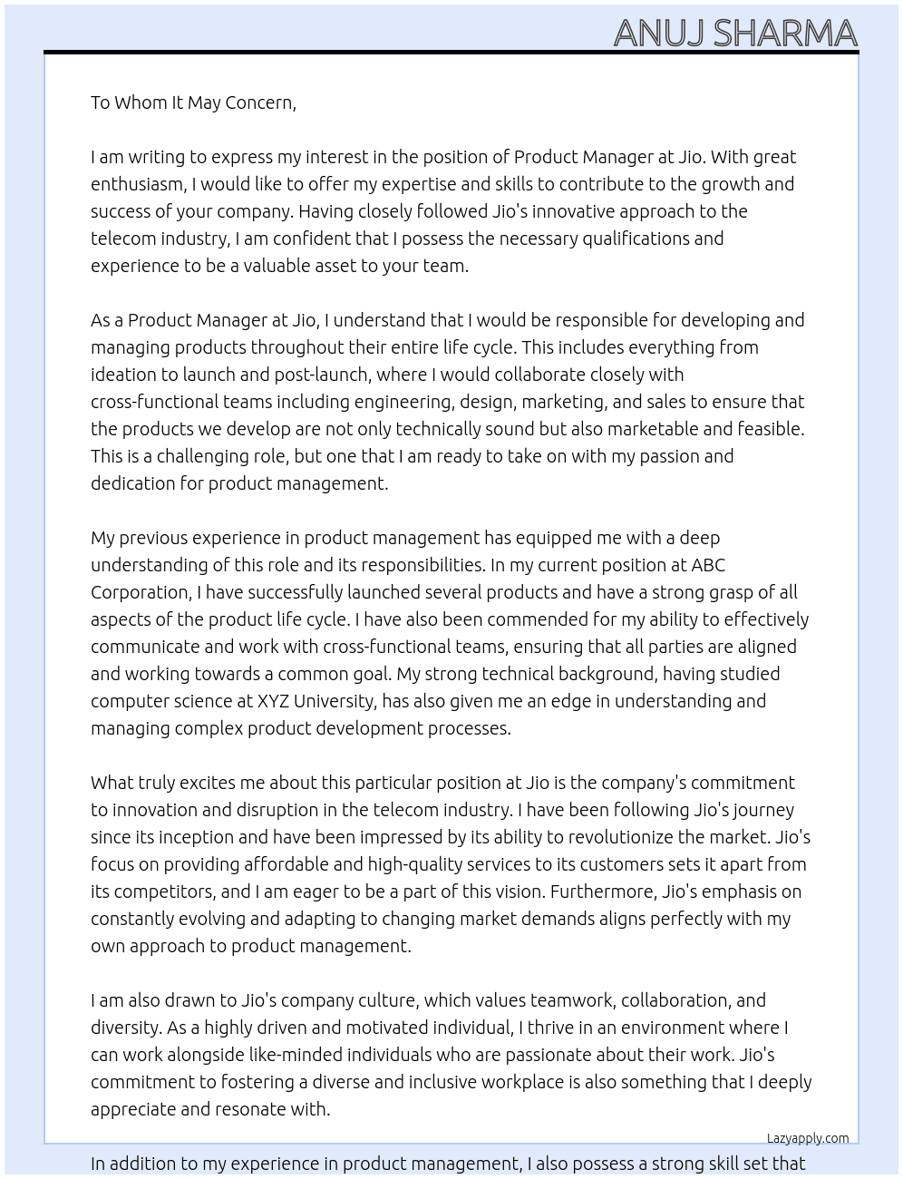 Jio At Jio hoster  Cover Letter