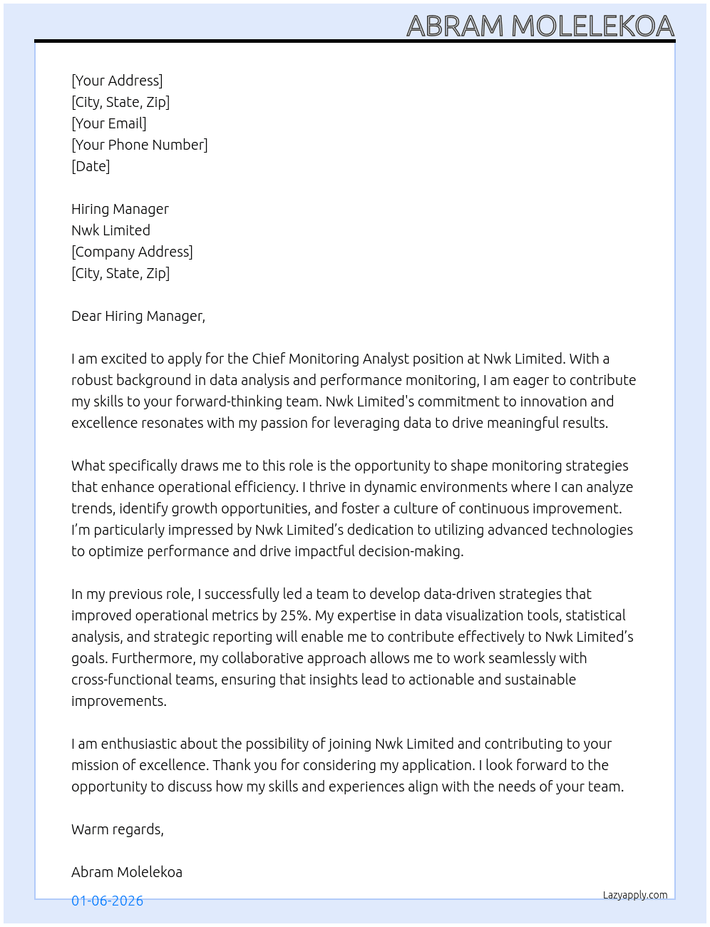 Chief monitoring analyst At Nwk limited Cover Letter