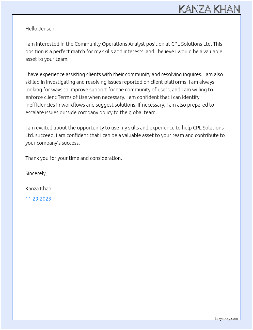 Community operations analyst  At CPL Solutions Ltd. Cover Letter