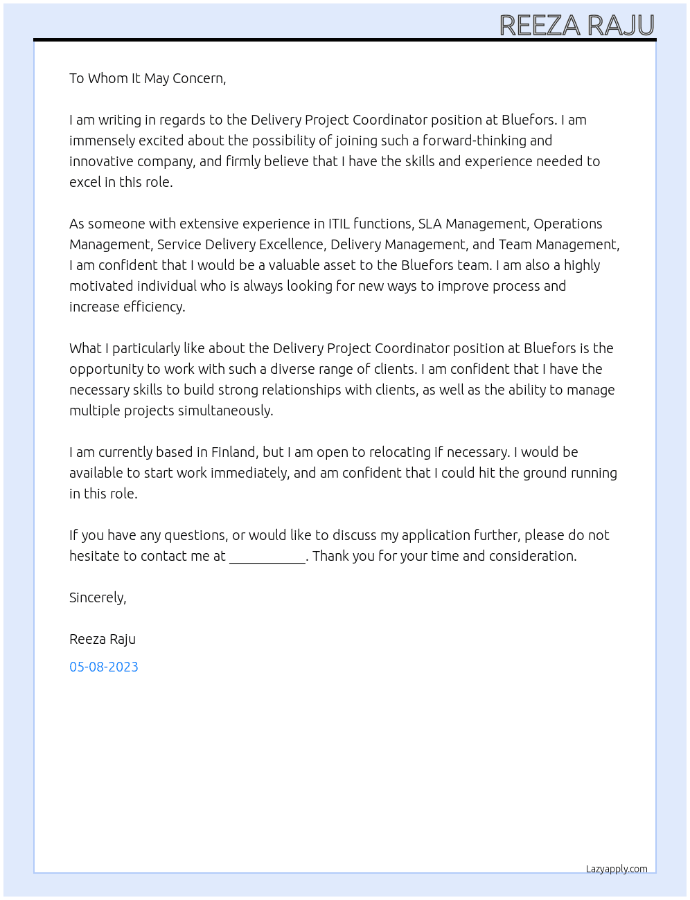 Delivery Project Coordinator At Bluefors Cover Letter