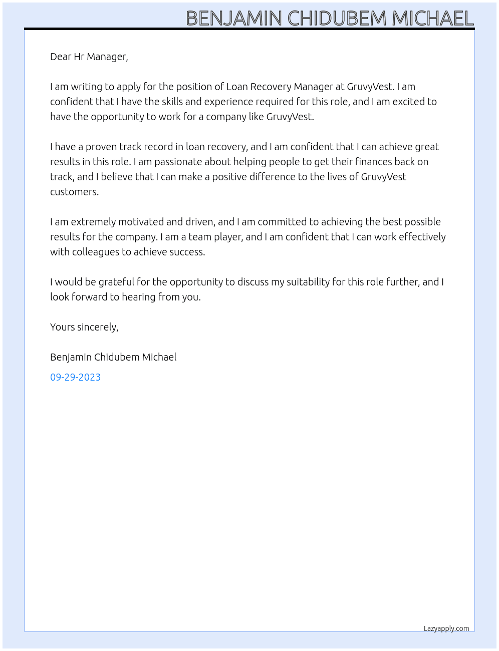 Loan Recovery Managers At GruvyVest Cover Letter